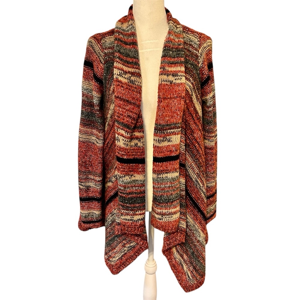 American Eagle Sweater, Striped Red, Grey, & Cream Long Sleeved Cardigan, Medium